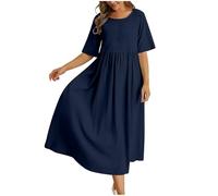 Tenues d'été pour femme - Col rond - Manches cinq points - Avec poche lâche - Robe élégante et décontractée, bleu marine, XL
