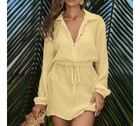 Tenues d'été pour femmes Chemise pull-over élégante et décontractée avec manches lanternes à nouer, robe de plage minimaliste et légère pour vacances, jaune beurre L,M,S,XLUnicoloreTissu tissé