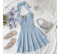Tenues d'été pour préadolescentes Robes pour préadolescentes Nouveau printemps & été Convient pour les vacances à la plage Tissu texturé élégant Col licou avec nœud devant Froncé Décor métallique Ourl