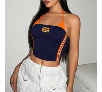 Tenues d'été Y2k décontractées, top court bicolore avec broderie de lettres Bikercore, liens de contraste, coupe ras-du-cou. Coupe slim. L,M,S,XL,XS,XXL,XXS,XXXL,XXXXLBlocs de couleur,Lettres,RayéTiss