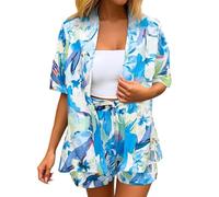 Tenues Élégante, Ensemble Jogging Femme Ensemble Deux Pièces éléGant D'été à Imprimé Floral Chemise à Manches Courtes avec Cravate Et Short Taille Haute