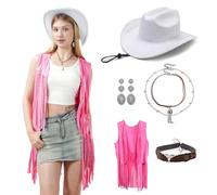 Tenues occidentales pour femme - Chapeau de cowboy bohème rétro à franges - Collier multicouche - Outils hippie pour cosplay, rose, Medium