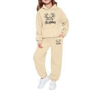 Tenues pour Filles Deux pièces Haut Manches Longues et Pantalon Jogging Tenue fête imprimé Graphique Polaire Douce Tout-Petits Jeunes Assortie Famille saisonnière (Beige, 6-7 Years)