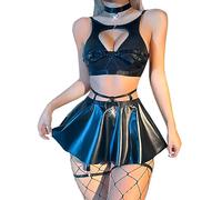 Tenues raves métalliques pour femme avec mini jupe découpée, soutien-gorge court, haut ras-du-cou, bretelles, festival et danse, noir, Medium