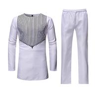 Tenues Traditionnelles Africain pour Hommes Ensemble 2 Pièces Manche Longue Costume Dashiki Hauts et Pantalons Vêtements de Survêtement M-4XL (Color : White, Size : L)