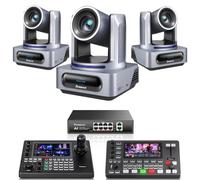 Tenveo Kit Caméras PTZ 3 Caméras PTZ NDI 4K avec Suivi Auto IA 20X (SDI/HDMI/USB3.0/LAN PoE) et Contrôleur Joystick 4D avec Écran Tactile 7" Quad-View, Switcher Mixer Video et Switch PoE
