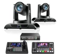 Tenveo Kit Caméras PTZ et Contrôleur 2 Caméras PTZ NDI avec Suivi Auto IA 20X (HDMI/USB3.0/LAN PoE) et Contrôleur Joystick 4D avec Écran Tactile 7" Quad-View, Switcher Mixer Video et Switch PoE