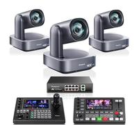 Tenveo Kit Caméras PTZ et Contrôleur 3 Caméras PTZ NDI 4K avec Suivi Auto IA 12X (HDMI/USB3.0/LAN PoE) et Contrôleur Joystick 4D avec Écran Tactile 7" Quad-View, Switch PoE et Switcher Mixer Video