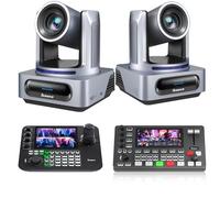 Tenveo Kit de Caméra PTZ - 2 Caméras PTZ NDI 4K AI 20X Zoom, SDI/HDMI/USB3.0/LAN(PoE) et Joystick de Contrôle NDI à 7" Écran Quad, Mélangeur Vidéo HDMI pour Église, Événements et Diffusion en Direct