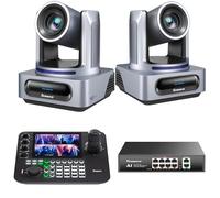 Tenveo Kit de Caméra PTZ - 2 Caméras PTZ NDI AI 20X Zoom, SDI/HDMI/USB3.0/LAN(PoE) et Joystick de Contrôle NDI à 7" Écran Quad, PoE Switch pour Église, Événements et Diffusion en Direct