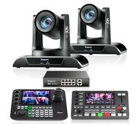 Tenveo Kit de Caméra PTZ - 2Caméras PTZ NDI AI 20X Zoom avec HDMI/USB3.0/LAN(PoE) et Joystick de Contrôle NDI à 7" Écran Quad, Mélangeur Vidéo HDMI + PoE Network Switch