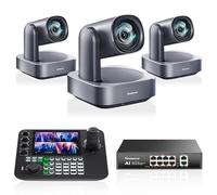 Tenveo Kit de Caméra PTZ - 3 Caméras PTZ 4K AI Tracking 12X Optique Zoom avec HDMI/USB3.0/LAN(PoE) et Joystick de Contrôle NDI à 7" Écran Quad + PoE Network Switch