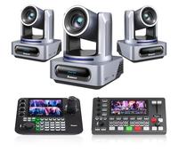 Tenveo Kit de Caméra PTZ - 3 Caméras PTZ NDI 4K AI 20X Zoom, SDI/HDMI/USB3.0/LAN(PoE) et Joystick de Contrôle NDI à 7" Écran Quad, Mélangeur Vidéo HDMI pour Église, Événements et Diffusion en Direct