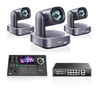 Tenveo Kit de Caméra PTZ - 3 Caméras PTZ NDI 4K AI Tracking 12X Zoom avec HDMI/USB3.0/LAN(PoE) et Joystick de Contrôle NDI à 5" Écran + PoE Network Switch