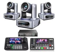 Tenveo Kit de Caméra PTZ - 3 Caméras PTZ NDI AI 20X Zoom avec SDI/HDMI/USB3.0/LAN(PoE) et Joystick de Contrôle NDI à 7" Écran Quad, Mélangeur Vidéo HDMI + PoE Network Switch