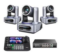 Tenveo Kit de Caméra PTZ - 3 Caméras PTZ NDI AI 20X Zoom, SDI/HDMI/USB3.0/LAN(PoE) et Joystick de Contrôle NDI à 7" Écran Quad, PoE Switch pour Église, Événements et Diffusion en Direct