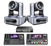 Tenveo Kit de Caméra PTZ et Contrôleur - 2 Caméras PTZ NDI 4K AI 20X Zoom, SDI/HDMI/USB3.0/LAN(PoE) et Joystick de Contrôle PTZ NDI à Écran de 5”, Mélangeur Commutateur Vidéo 4K, Switch PoE 8 Ports