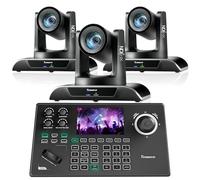 Tenveo Kit de Caméra PTZ et Contrôleur - 3 Caméras NDI avec Tracking AI 20X, HDMI/USB3.0/LAN(PoE) et Joystick de Contrôle PTZ NDI à Écran de 5” pour Streaming en Direct, Église et Événements