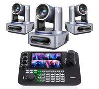 Tenveo Kit de Caméra PTZ et Contrôleur - 3 Caméras PTZ NDI AI 20X Zoom, SDI/HDMI/USB3.0/LAN(PoE) et Joystick de Contrôle NDI à Écran Quad de 7” pour Streaming en Direct, Église et Événements