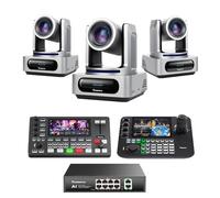 Tenveo Pack Caméra PTZ 3 Caméra PTZ 4K NDI 6 & NDI HX3, Zoom 20X, Suivi IA, HDMI/USB3.0/LAN(PoE) + Contrôleur Joystick NDI avec Écran Quadruple de 7 Pouces + Mélangeur Vidéo + Switch PoE