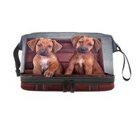 Teo Puppies Trousse de toilette vintage en bois double couche pour femmes et filles Trousse de toilette de voyage Trousse de maquillage pratique avec compartiment à brosse, multicolore, 27x15x14