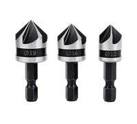 Teocpai 3Pcs Fraise à Chanfreiner 5 Flûte 90 Degrés Foret à Chanfreiner en Acier au Carbone 12mm/16mm/19mm Foret à Tête Fraisée Pour Bois, Plastique, Aluminium