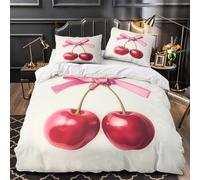 TEODLECDS Duo de Cerises 3D Imprimé Drap de Couette 3 pièces Microfibre résistante Ruban Rose Housse de Couette 2 taies éclair dissimulé déco Chambre ado King（220x240cm）