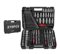 Teodute 216Pcs Coffret de Douilles, 1/4", 3/8", 1/2" Coffret a Douille avec Embouts, Acier au Chrome Vanadium avec Rallonges, Coffret Douille Cliquet pour Réparations Automobiles Domestiques