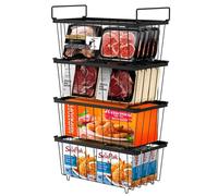 Teodute 4Pcs Paniers de Congélateur Coffre, Empilable Congélateur avec Poignée, Panier en Métal Grande Capacité CongéLateur 198L Panier de CongéLation pour Accès Facile aux Aliments Surgelés (Noir)