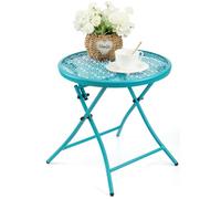 TeoKJ Petite table d'appoint pliante d'extérieur antirouille, table d'appoint ronde en métal avec découpes de fleurs pour porche, cour, balcon, terrasse, pelouse, bleu