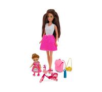 Teorema DEA Poupée Tendance Maman et Fille avec vélo et Accessoires, Ensemble Famille avec Sac à Dos, Appareil Photo, Gourde et Look Chic, Genoux Pliables, Jeu pour Filles à partir de 3 Ans