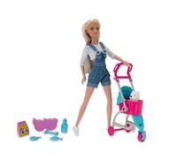 Teorema Poupée Déesse avec Chiots et Poussette Hauteur 30 cm avec Genoux Pliables, De Nombreux Accessoires