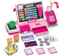 Teoryieer Caisse Enregistreuse Enfant Électronique avec Scanner et Sons, Caisse de Supermarché Jouet avec Accessoires (Monnaie, Panier, Balance), Jeu Éducatif pour Enfants dès 3 Ans
