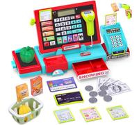 Teoryieer Caisse Enregistreuse Enfant Électronique avec Scanner et Sons, Caisse de Supermarché Jouet avec Accessoires (Monnaie, Panier, Balance), Jeu Éducatif pour Enfants dès 3 Ans (Rouge Bleu)