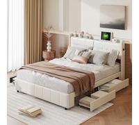 TEOSTWF Cadre de lit double 160 x 200 cm avec station de charge, tête de lit de rangement, 4 tiroirs sous le lit et tête de lit touffetée à boutons réglables, polyuréthane (blanc)