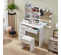 Teousev Coiffeuse avec Miroir Coulissant et Tabouret, Table de Maquillage Spacieuse et Robuste avec Lumière Réglable, Coiffeuse avec 6 Tiroirs et 6 Étagères, 36×80×131 cm, Blanc, J9839
