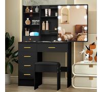 Teousev Coiffeuse avec Miroir Coulissant et Tabouret, Table de Maquillage Spacieuse et Robuste avec Lumière Réglable, Coiffeuse avec 6 Tiroirs et 6 Étagères, 36×80×131 cm, Noir, J51228