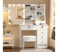 Teousev Coiffeuse avec Miroir Coulissant et Tabouret, Table de Maquillage Spacieuse et Robuste avec Lumière Réglable, 6 Tiroirs et 6 Étagères, 36×80×131 cm, Blanc, J72806