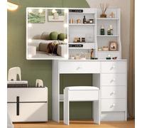 Teousev Coiffeuse avec Miroir Coulissant et Tabouret, Table de Maquillage Spacieuse et Robuste avec Lumière Réglable, Coiffeuse avec 6 Tiroirs et 6 Étagères, 36×80×131 cm, Blanc, J91541