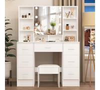 Teousev Coiffeuse avec Miroir et Tabouret, Table De Maquillage avec Lumières, Luminosité Réglable, Coiffeuse avec 7 Tiroirs et 6 Étagères, Commode Moderne, Blanc, 100X40X140cm, JR522