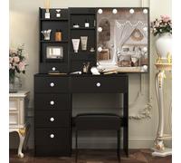 Teousev Coiffeuse avec Miroir et Tabouret, Table De Maquillage avec Lumières, Luminosité Réglable, Coiffeuse avec 6 Tiroirs et 6 Étagères, Commode Moderne, Noir, 80X36X131cm, JR301216