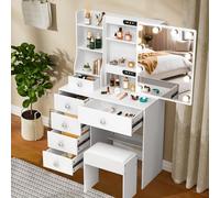 Teousev Coiffeuse avec Miroir et Tabouret, Table De Maquillage avec Lumières, Luminosité Réglable, Commode Moderne avec 6 Tiroirs et 6 Étagères, Blanc, 80X36X131cm, JR390106