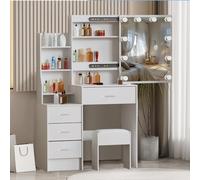 Teousev Toilette de maquillage avec miroir coulissant et lumières dimmables, poste de maquillage avec tabouret, 4 tiroirs et 4 étagères, 36 × 83 × 139 cm, blanc, J1855