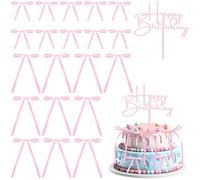 Teouuas 20 Pièces Décoration de Gâteau avec Nœuds Rose, et 1 Plaque Happy Birthday, Rubans de Satin, Décoration de Gâteau Élégante pour Anniversaire, Mariage, Baby Shower, Saint-Valentin
