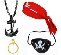 Teouuas 4 Pièces Accessoires de Costume Pirate, aves Collier de Pirates, Squelette Cache-œIl, Squelette Bandana, Boucles D'oreilles en or, pour Halloween Carnaval Fête de Pirate