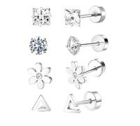 TEOZBLU 8 Pcs Piercing Tragus Femme Hommes 20g Piercing Nez Acier Inoxydable Hypoallergénique Helix Lèvre Piercing 8mm Argent Avec Zircone Fleur Triangle Piercing Labret Levre Bijoux Pour Femmes