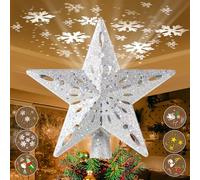 TEPENAR Étoile de sapin de Noël : cimier de sapin de Noël avec 6 modes de projection, lumière LED rotative intégrée, étoile 3D pailletée pour décoration de fête de Noël - Argenté