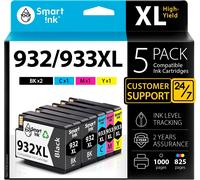 TEPPA-Cartouches d'Encre Compatibles Alternative pour HP 932xl/933xl 932 933 Pack de 5 (2 Black Cyan Magenta Jaune) avec Système de Puce Avancée pour Officejet 6600 6100 6700 7110 7610 7612