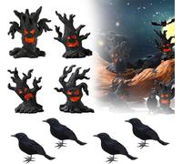 TEPPC-Lot de 4 décorations de corbeau d'Halloween et 4 statues de monstre d'arbre d'Halloween, décorations de fête d'Halloween, décorations de maison hantée pour l'intérieur et l'extérieur