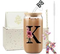 Teppc-Zioisnm A-Z Lettre Verre Avec Paille 500 Ml Verre Matcha Avec Couvercle Cadeau Femme Idéal Cadeau Femme Anniversaire Noël Ou Saint-Valentin Pour Épouse Mère Ou Couple (K)